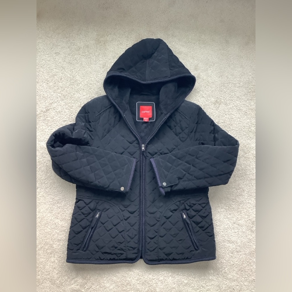 Esprit Black Hooded Quilted Jacket, XL, Like New
